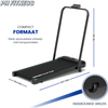 Productfoto van de PH Fitness Loopband FitRunner met de afmetingen 1037 x 554 x 1118 mm en ingezoomd op de ingebouwde wielen