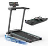 Productfoto van de PH Fitness Loopband TH-900 met verschillende incline standen: 12%, 7% en 0%. En daarachter een foto van de PH Fitness Loopband TH-900 die is ingeklapt.