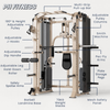 Alle accessoires van de PH Fitness Krachtstation FUSION X Pro Rack: de multi-grip pull-up bar, verstelbare pulleys, smith machine, pec fly arms, opberghaken voor gewichten, veiligheidspaneel van gaas, 70kg gewichtsstapels, barbell landmine base, safety spotter arms, verstelbare beenbevestigingsrol, verstelbare dip handgreep, verstelbare J-Hooks