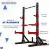 PH Fitness Krachtstation Performance Squat Rack met de bijgeveogde accessoires erop: J-hooks, dip bars en safeties