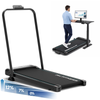 Productfoto van de PH Fitness Loopband FitRunner en een man die achter zijn bureau werkt terwijl hij op de PH Fitness Loopband FitRunner loopt