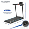 Productfoto van de PH Fitness Loopband SmartRun met de afmetingen 1049 x 560 x 1312 mm en ingezoomd op de ingebouwde wielen